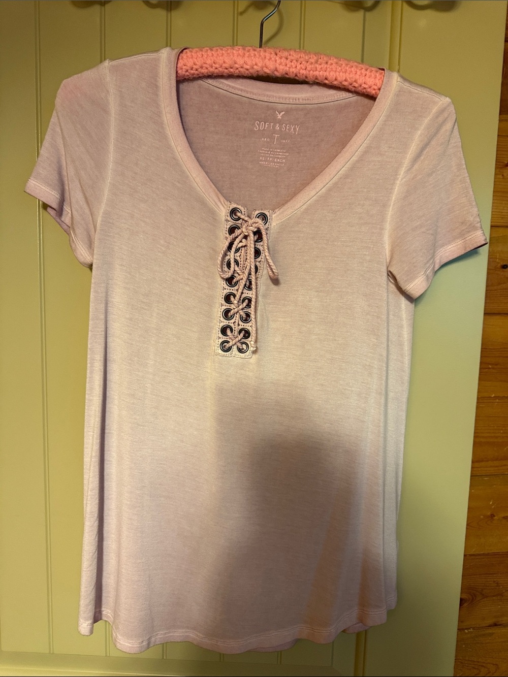Women's Lace-Up Short Sleeve Top in Light Pink